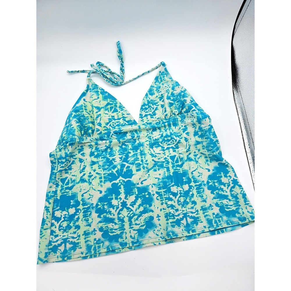 Hot Water Women's Tankini Swim Top XL Blue Green Halter Tie Shelf Bra